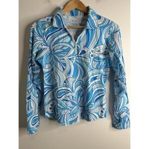 IBKUL ICIKULS Womens Blue Swirl Abstract Print 1/4 Zip Golf Shirt UPF 50+ Sz S